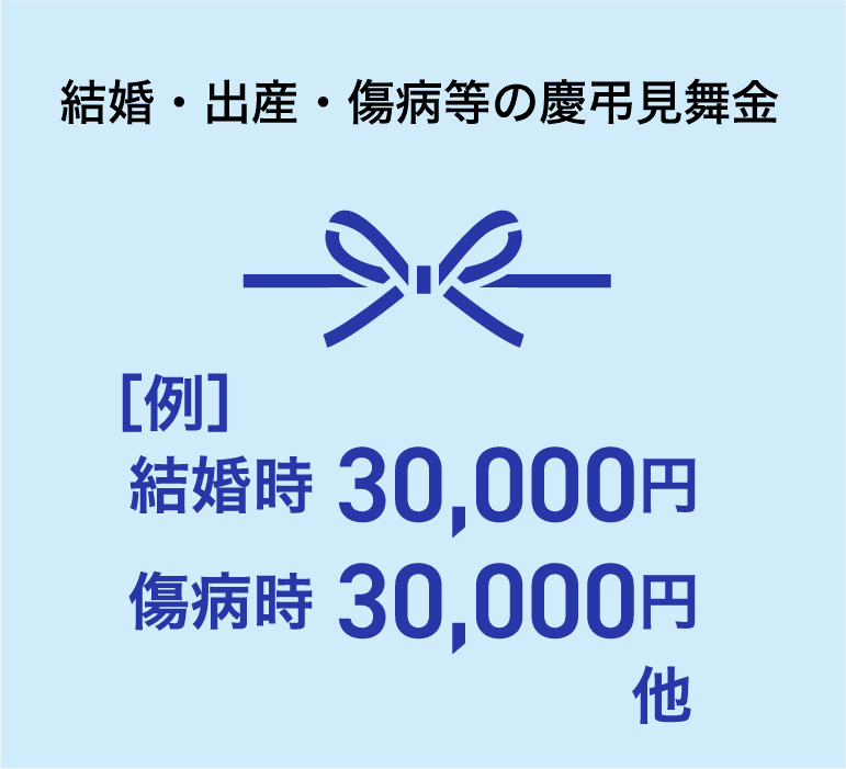 結婚・出産・傷病等の慶弔見舞金 結婚時30,000円 傷病時30,000円 他