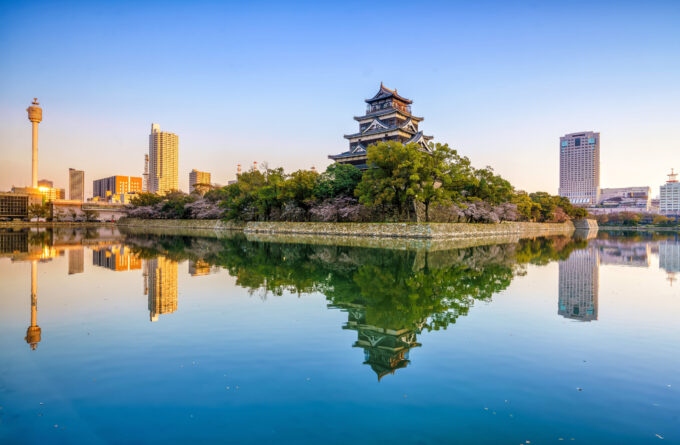 Hiroshima,Castle,During,Cherry,Blossom,Season,In,Japan